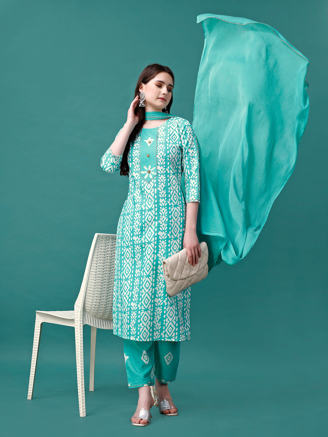 Multicolor Bandhani printed rayon kurta set with coordinating pants and dupatta