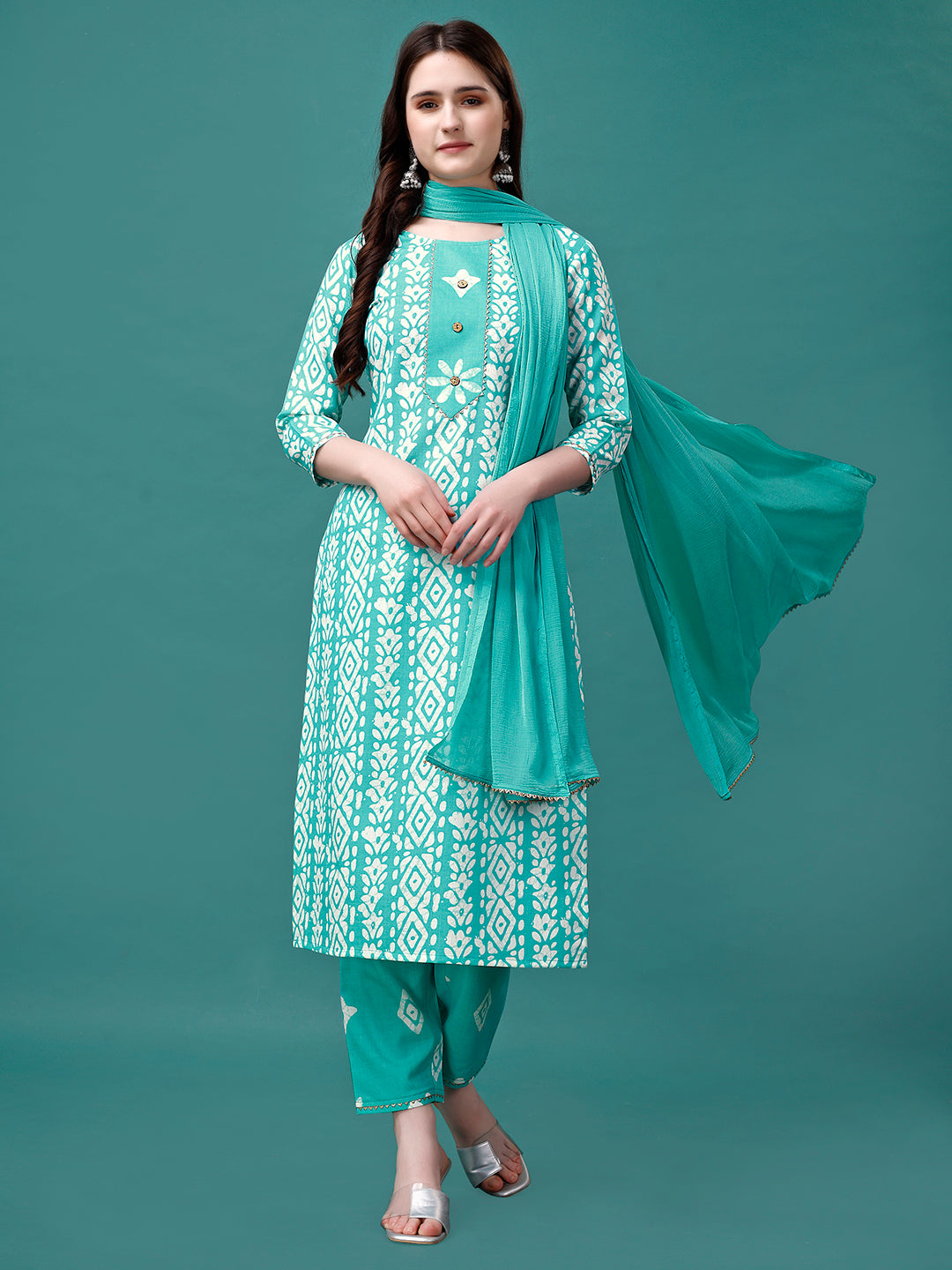 Multicolor Bandhani Printed Cotton Kurta Set with Dupatta