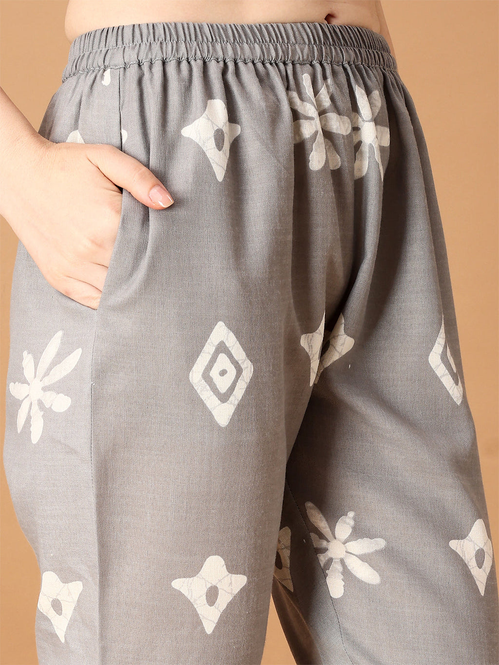 Grey Bandhani Printed Cotton Kurta Set with Pant and Dupatta
