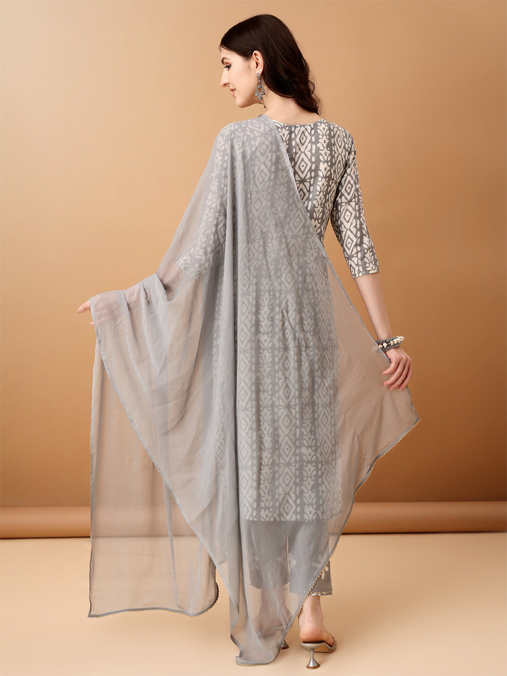 Grey Bandhani Printed Cotton Kurta Set with Pant and Dupatta