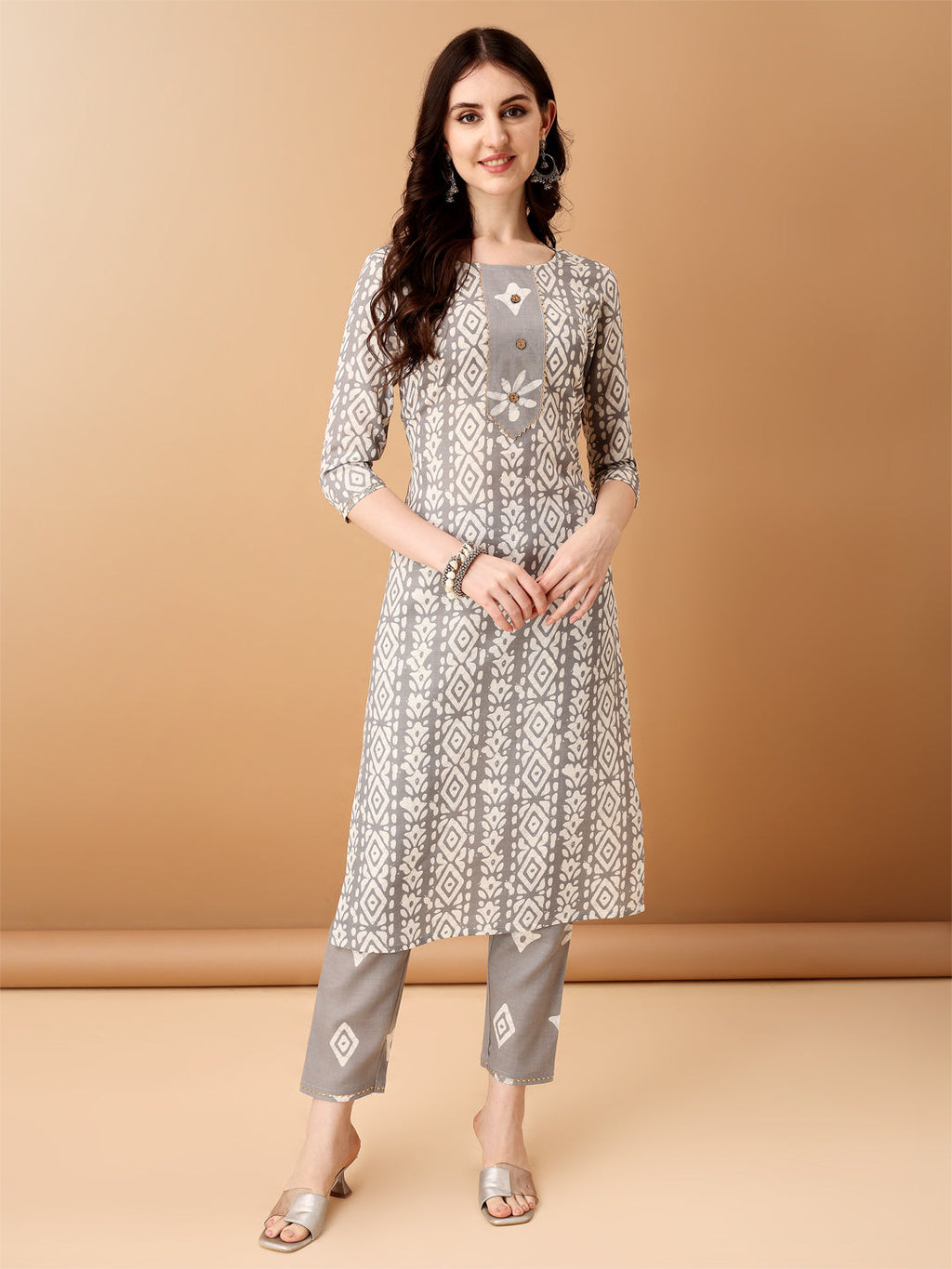 Grey Bandhani Printed Cotton Kurta Set with Pant and Dupatta