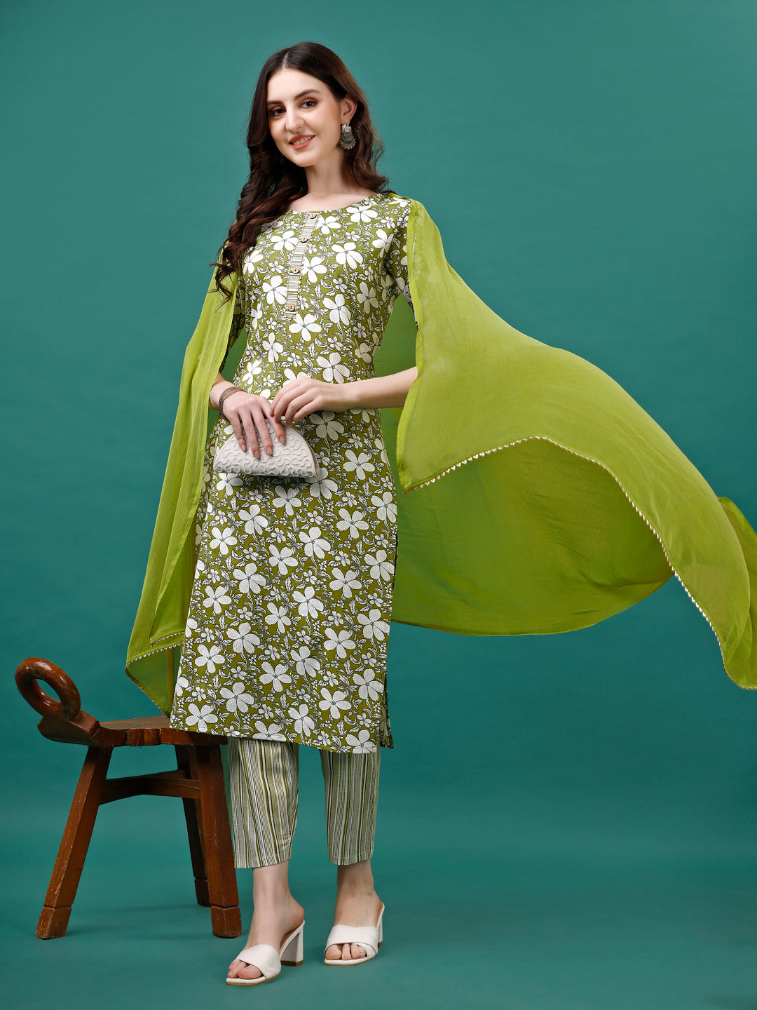 Multicolor floral printed rayon kurta set with matching pant and dupatta