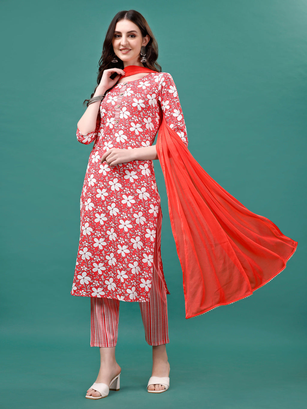 Multicolor floral printed kurta with matching pant and dupatta in lightweight rayon