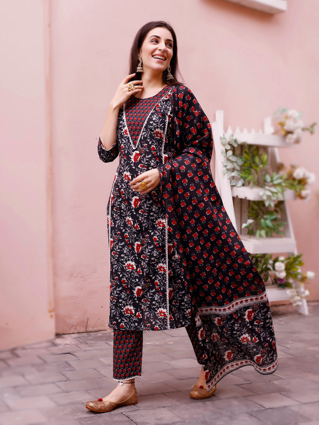Multicolor floral printed rayon kurta with matching pant and dupatta set