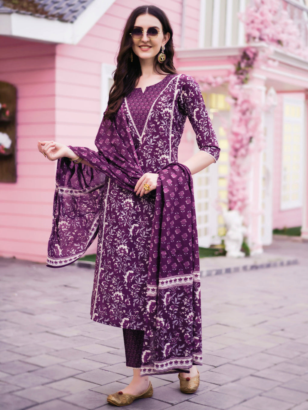 Multicolor Floral Printed Kurta Set with Pant and Dupatta