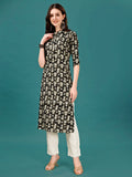 A front view of a multicolor ethnic motif printed rayon kurta with a Chinese collar and front button detail.