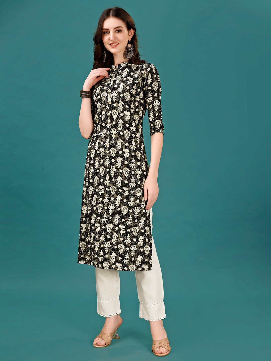 A front view of a multicolor ethnic motif printed rayon kurta with a Chinese collar and front button detail.
