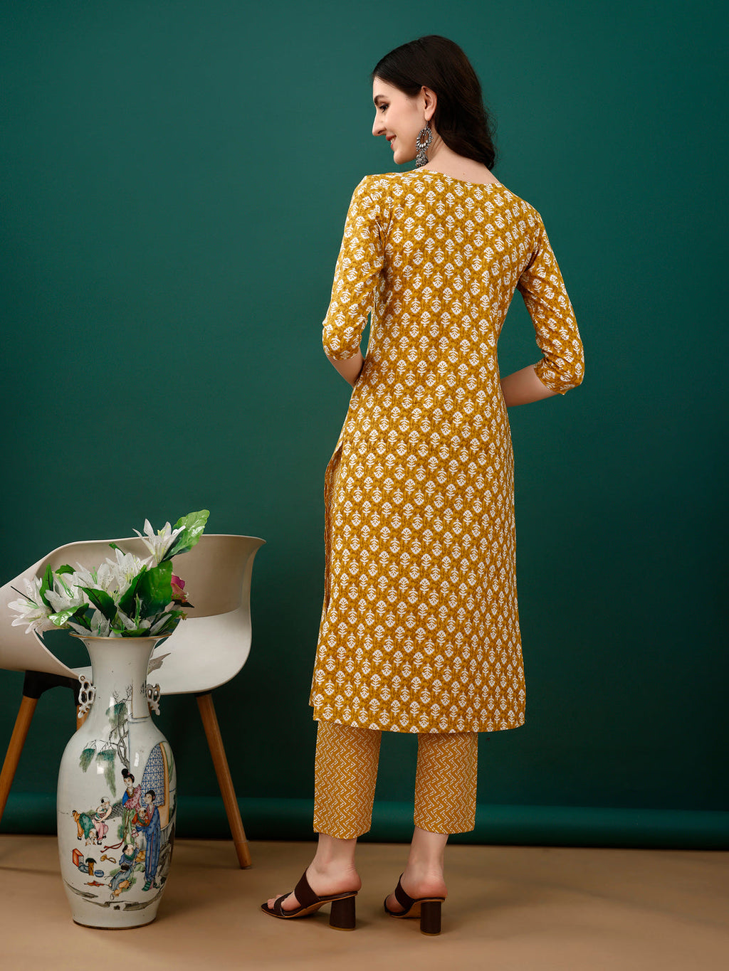 Mustard Embroidered Cotton Kurta Set with Pant and Dupatta