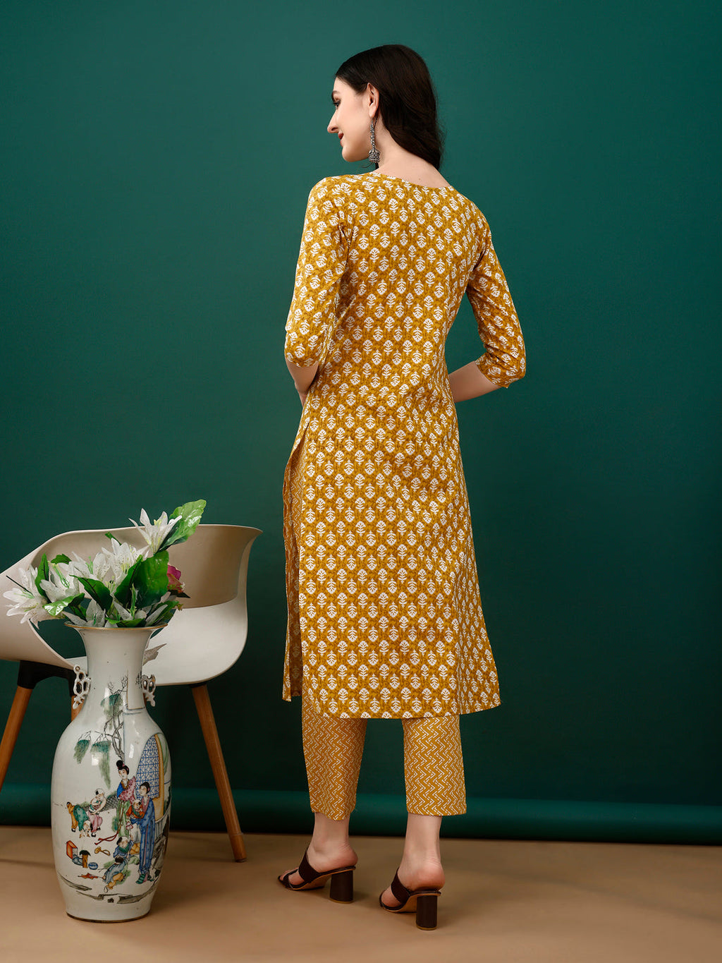 Mustard Embroidered Cotton Kurta Set with Pant and Dupatta