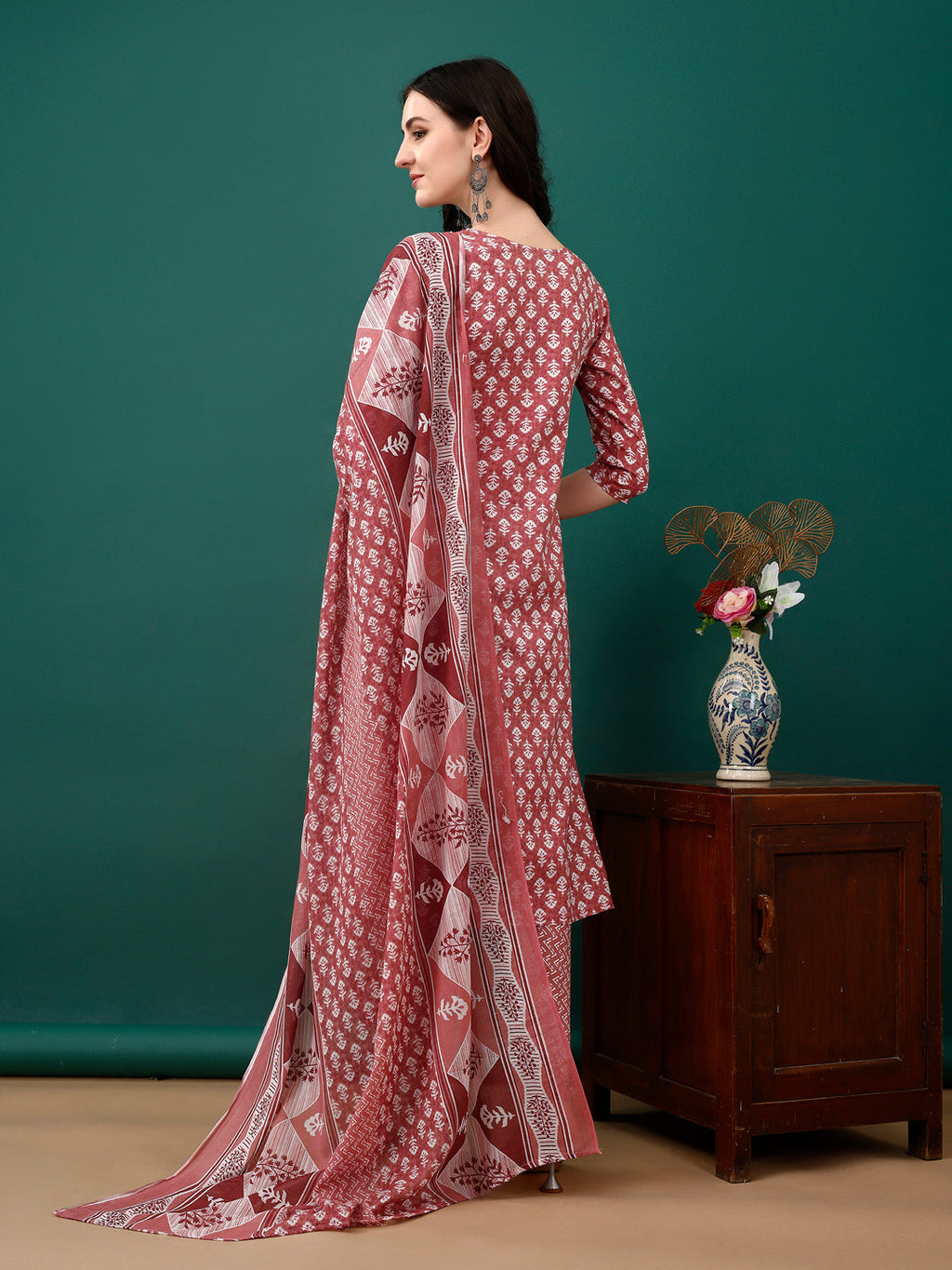 Pink Embroidered and Printed Cotton Kurta Set with Dupatta