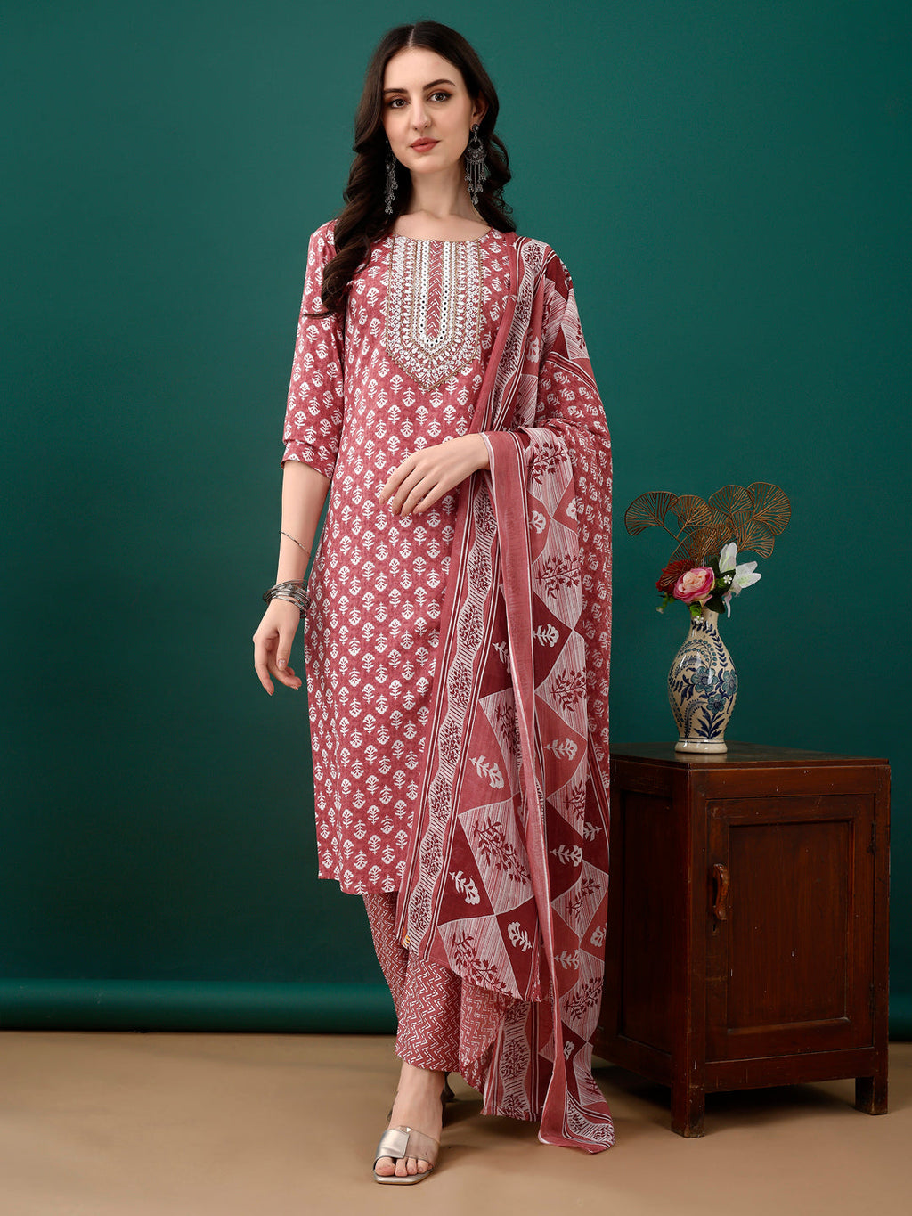 Pink Embroidered and Printed Cotton Kurta Set with Dupatta