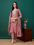 Pink embroidered and printed cotton kurta set with dupatta