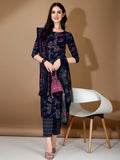 Navy blue floral printed rayon kurta with 3/4th sleeves and matching pants