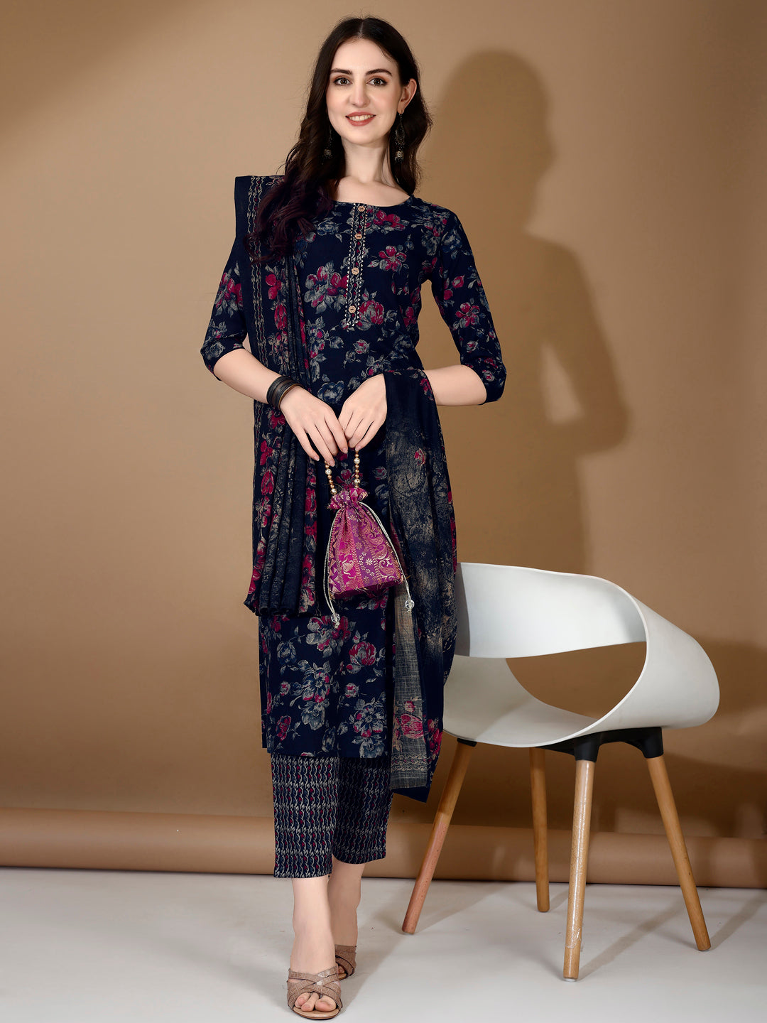 Navy blue floral printed rayon kurta with 3/4th sleeves and matching pants