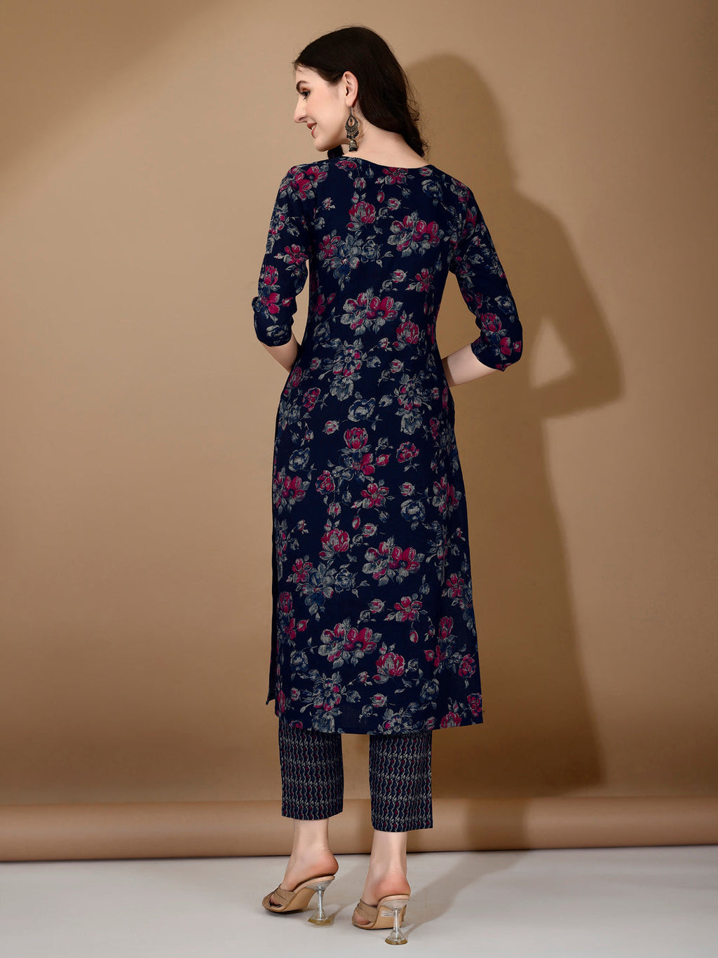 Navy Blue Floral Printed Rayon Kurta Set with 3/4 Sleeves