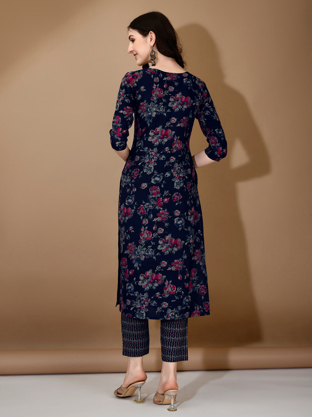 Navy Blue Floral Printed Rayon Kurta Set with 3/4 Sleeves