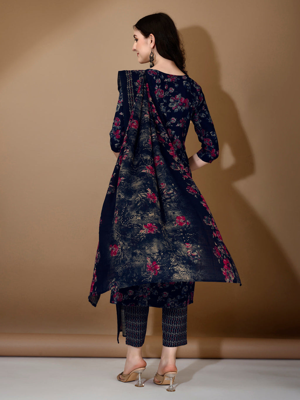 Navy Blue Floral Printed Rayon Kurta Set with 3/4 Sleeves