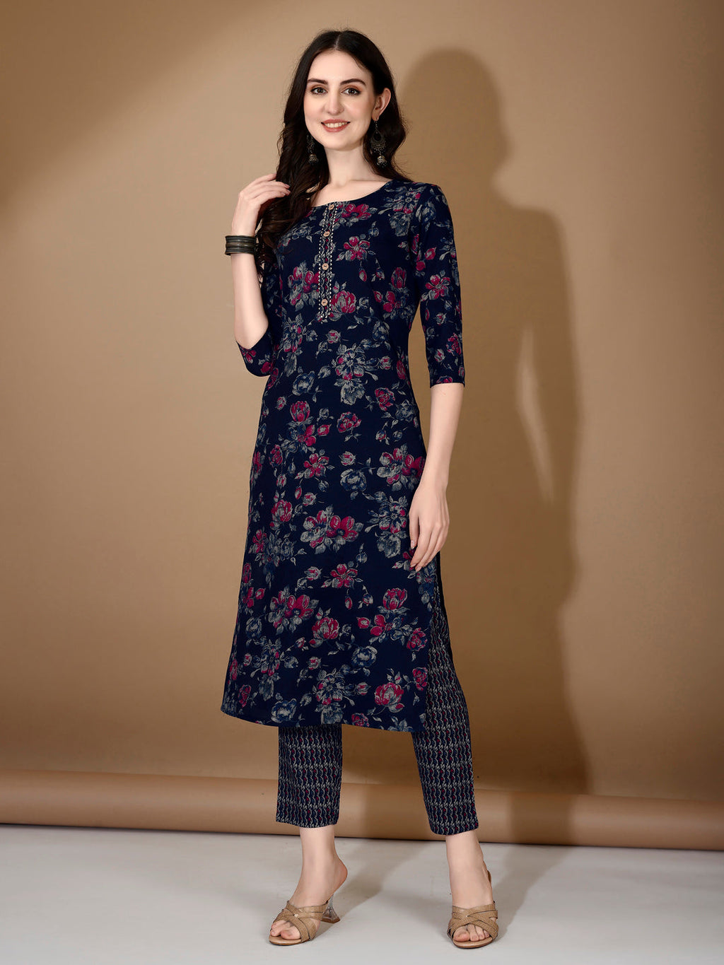 Navy Blue Floral Printed Rayon Kurta Set with 3/4 Sleeves