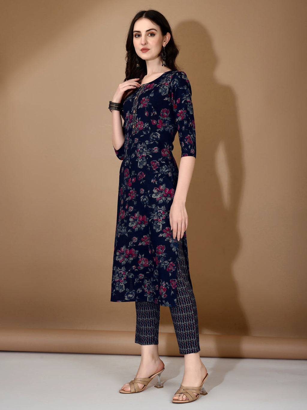 Navy Blue Floral Printed Rayon Kurta Set with 3/4 Sleeves