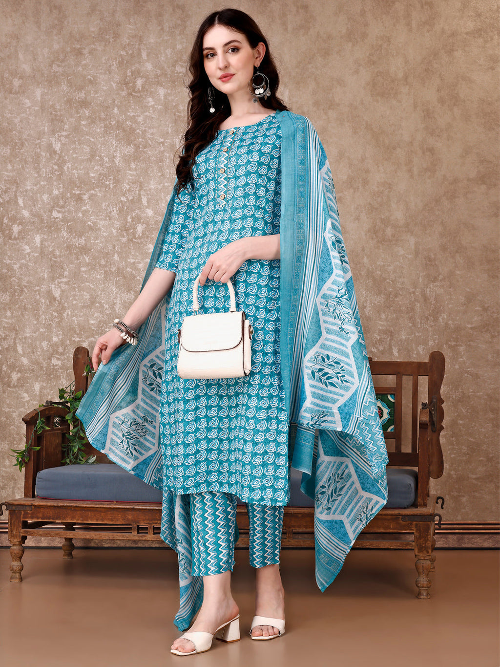 Multicolor leaf print rayon kurta set with matching pants and dupatta