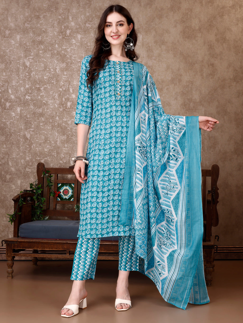 Multicolor Leaf Printed Rayon Kurta Set with Pant and Dupatta