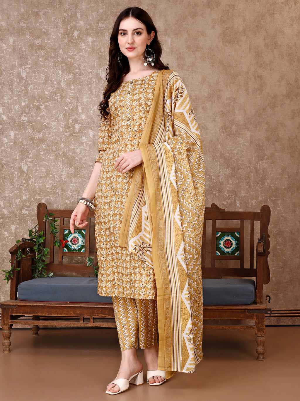 Multicolor leaf printed rayon kurta set featuring a matching printed pant and dupatta