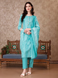Multicolor printed kurta set with 3/4th sleeves, matching printed pants, and dupatta