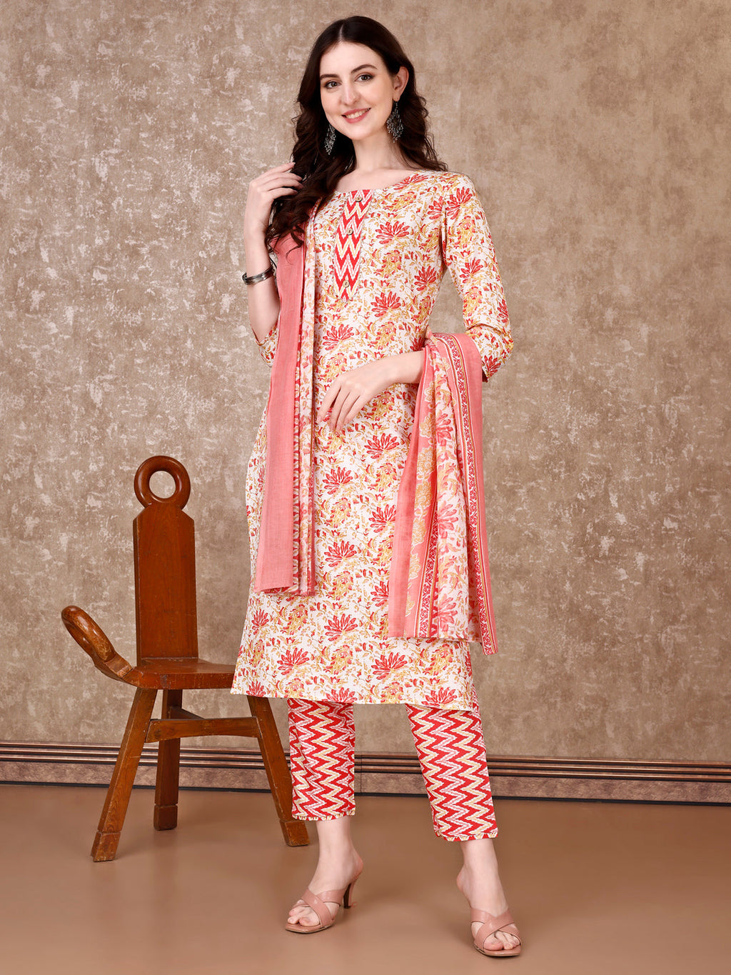 Multicolor floral printed rayon kurta set with matching pants and dupatta