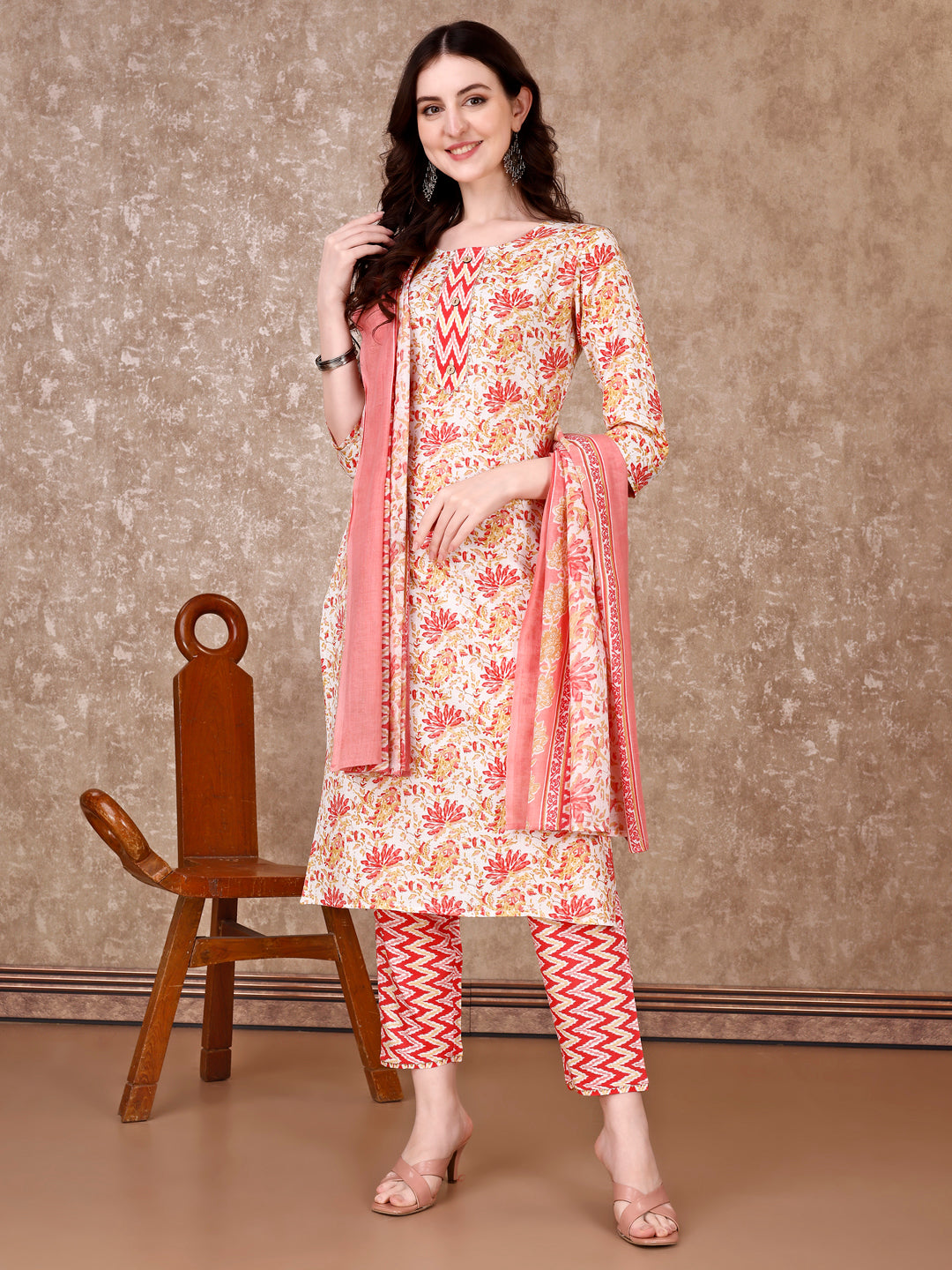Multicolor floral printed rayon kurta set with matching pants and dupatta