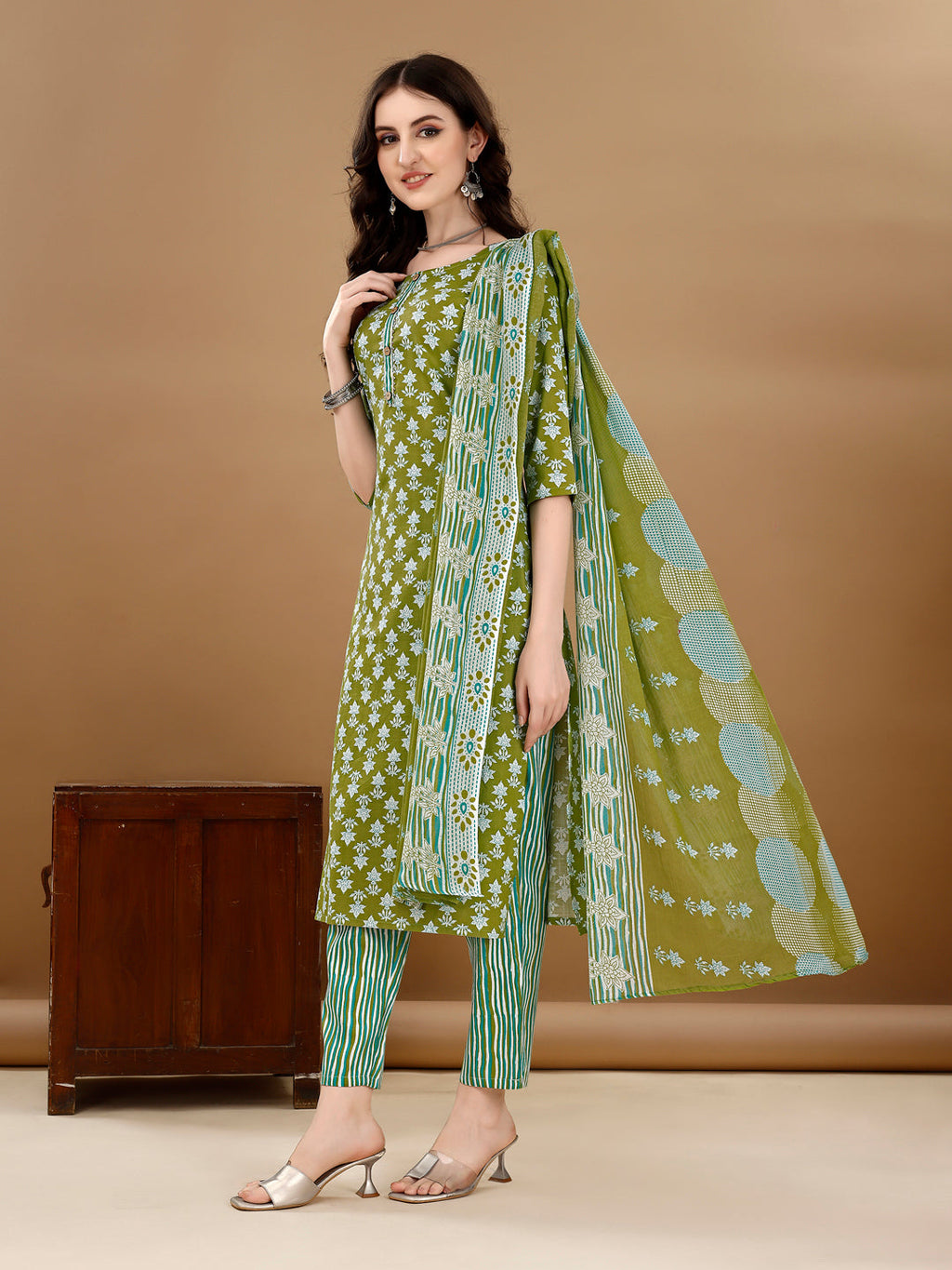 Multicolor Ethnic Motif Print Kurta Set with Pant and Dupatta