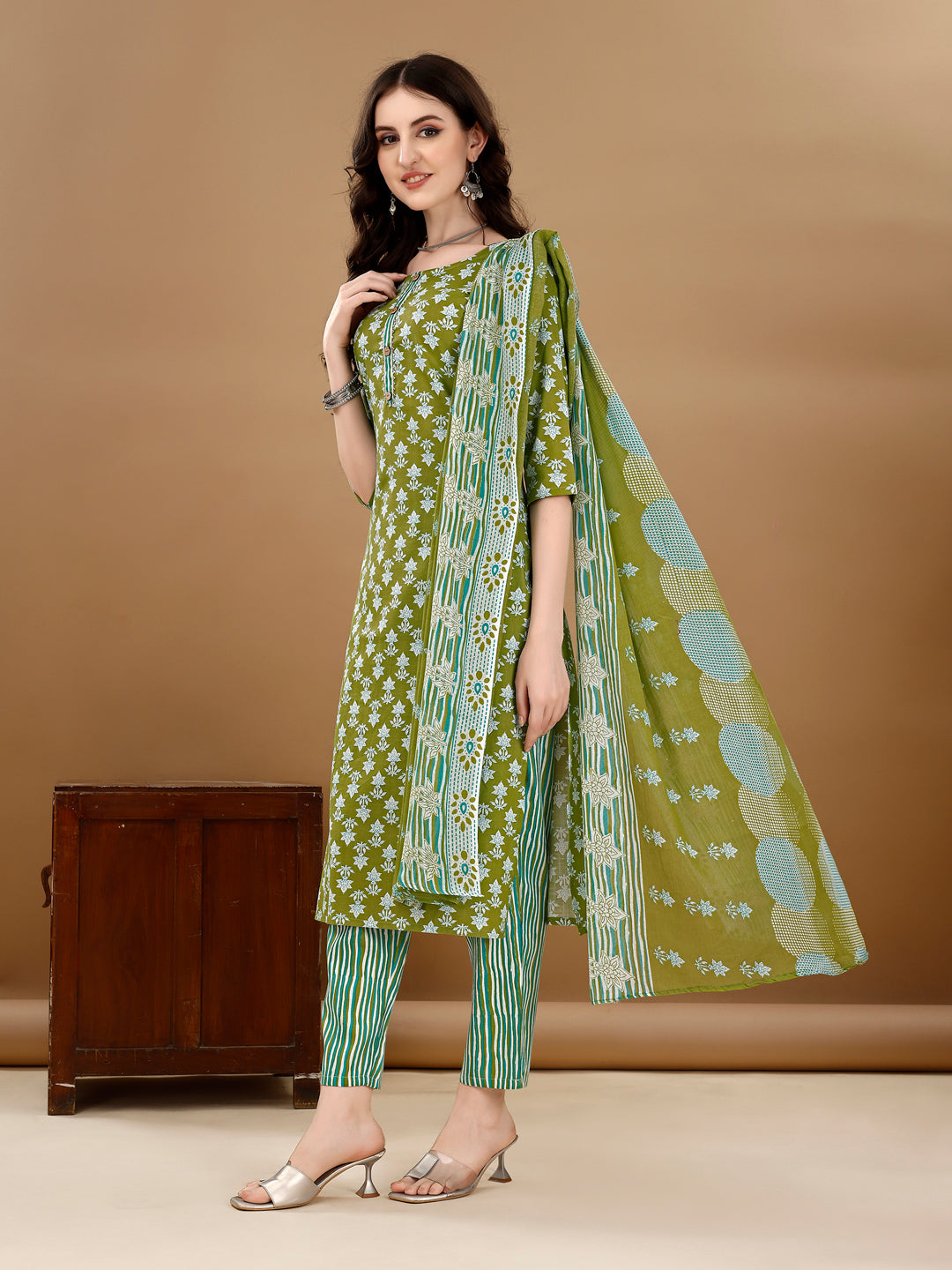 Multicolor Ethnic Motif Print Kurta Set with Pant and Dupatta