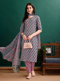 A woman wearing a multicolor ethnic motif printed kurta set with matching pants and dupatta.
