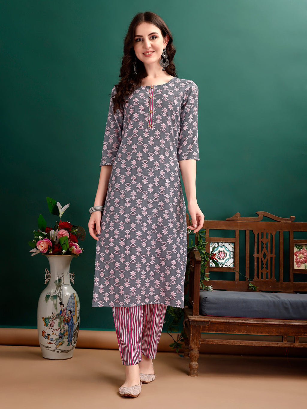 Multicolor Ethnic Motif Print Kurta Set with Pant and Dupatta