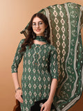 Green cotton kurta set with ethnic motif prints and a matching dupatta