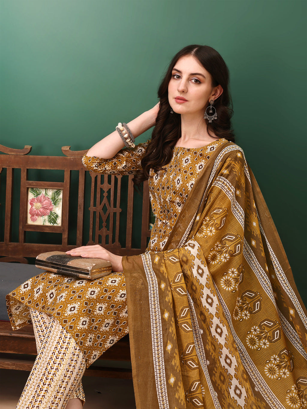 Mustard cotton kurta set with traditional ethnic motif print