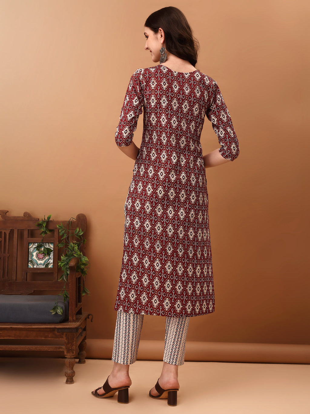 Wine Ethnic Motifs Printed Kurta Set with Pant and Dupatta