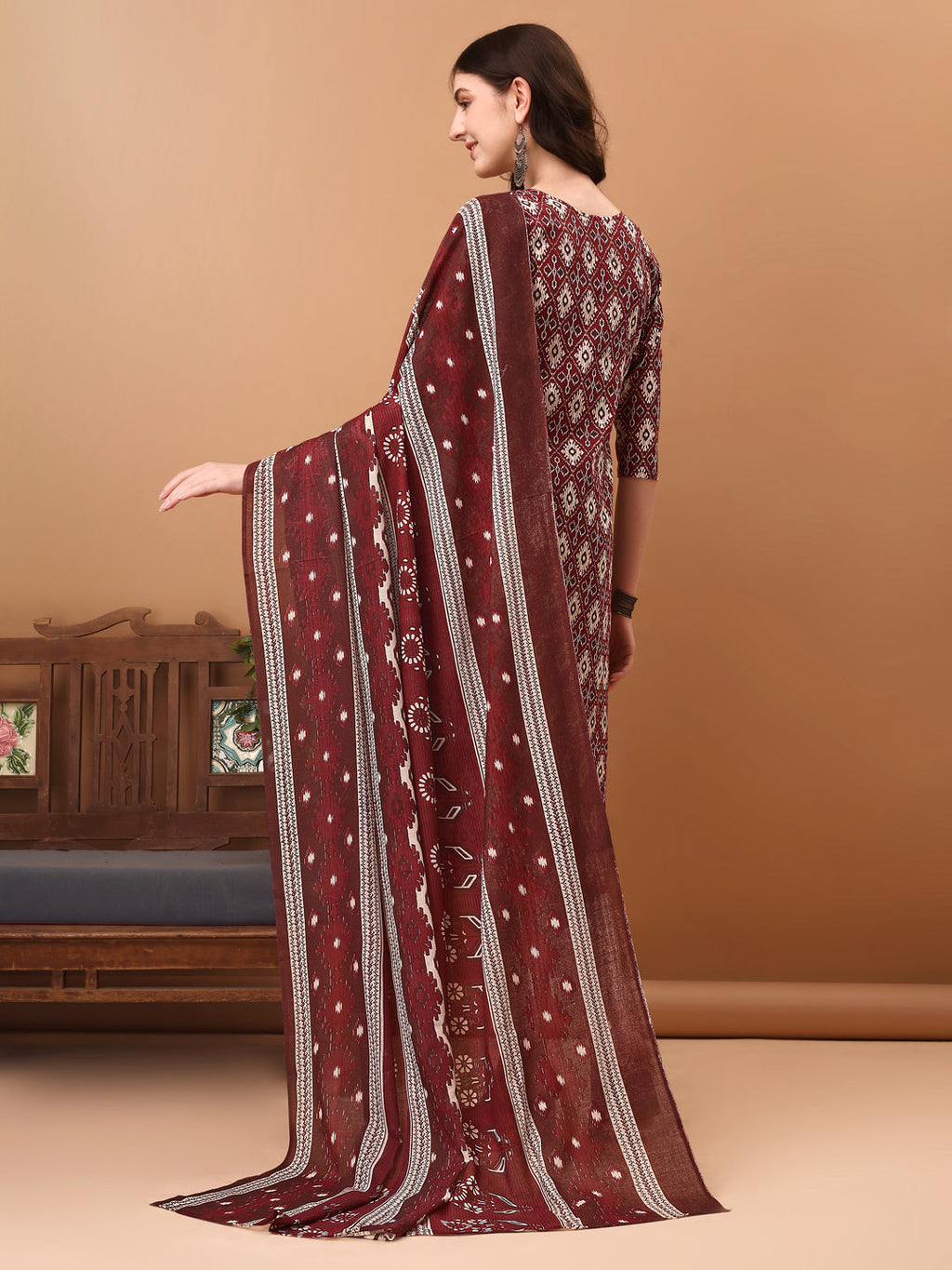 Wine Ethnic Motifs Printed Kurta Set with Pant and Dupatta
