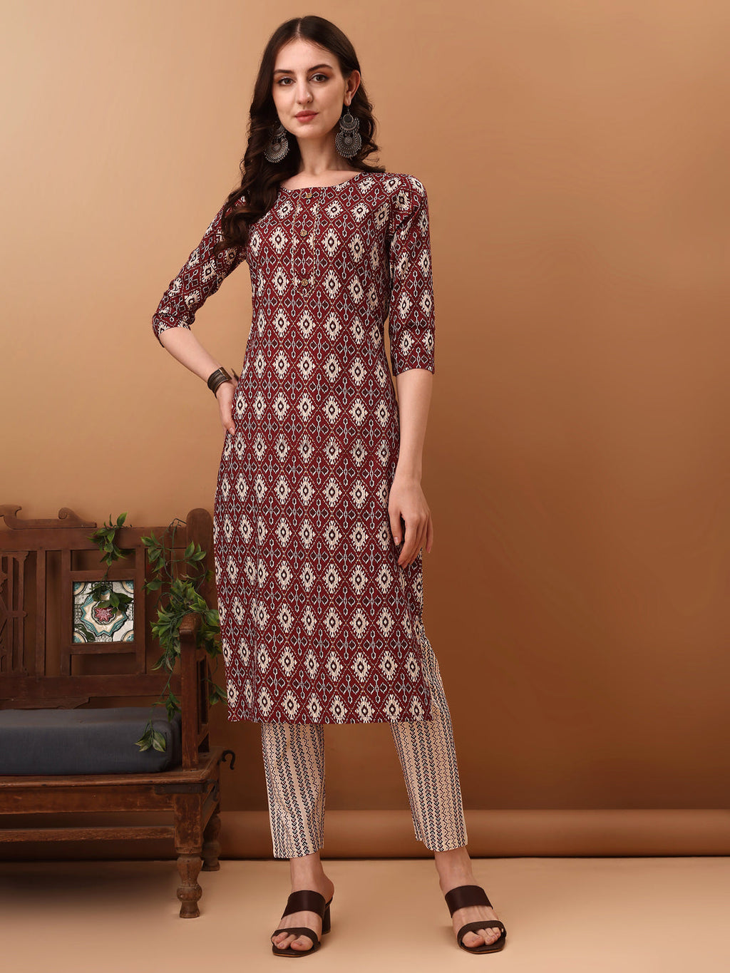 Wine Ethnic Motifs Printed Kurta Set with Pant and Dupatta