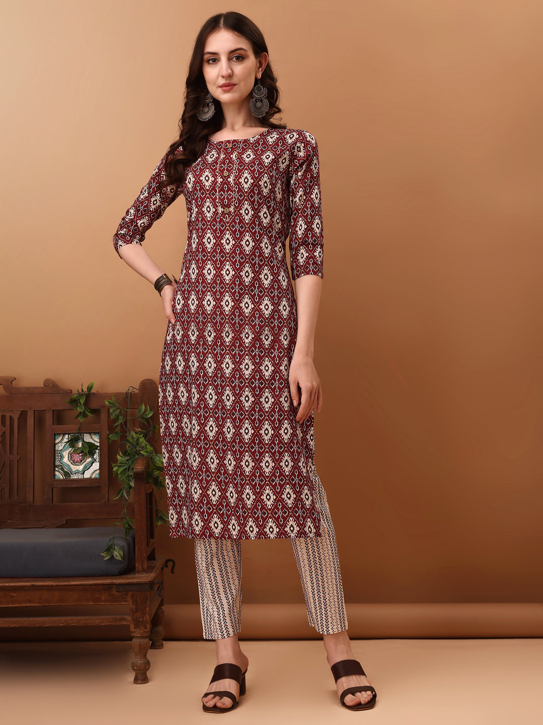 Wine Ethnic Motifs Printed Kurta Set with Pant and Dupatta