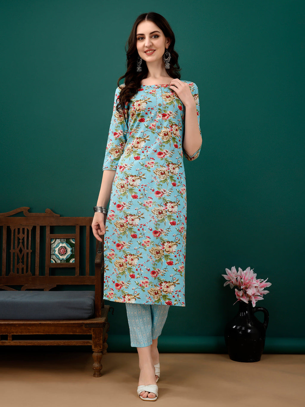 Blue Floral Printed Kurta Set with Pant and Dupatta