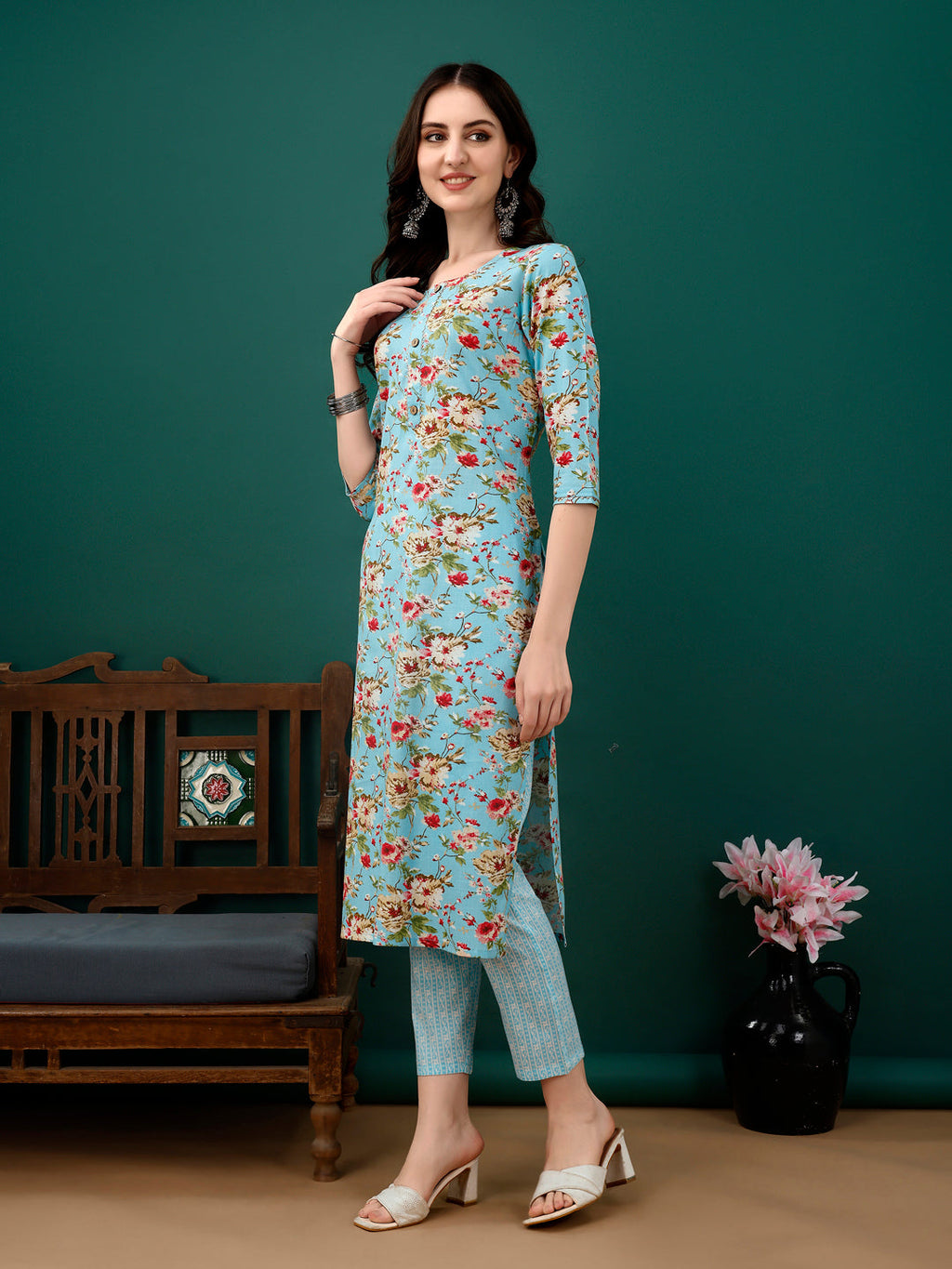Blue Floral Printed Kurta Set with Pant and Dupatta