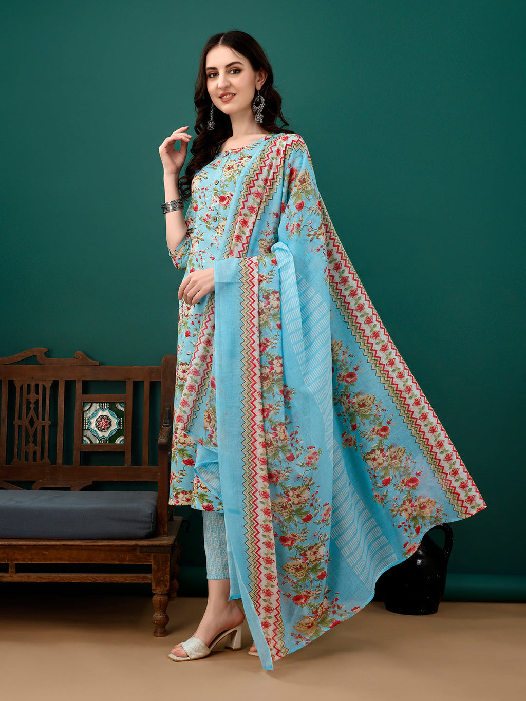 Blue Floral Printed Kurta Set with Pant and Dupatta