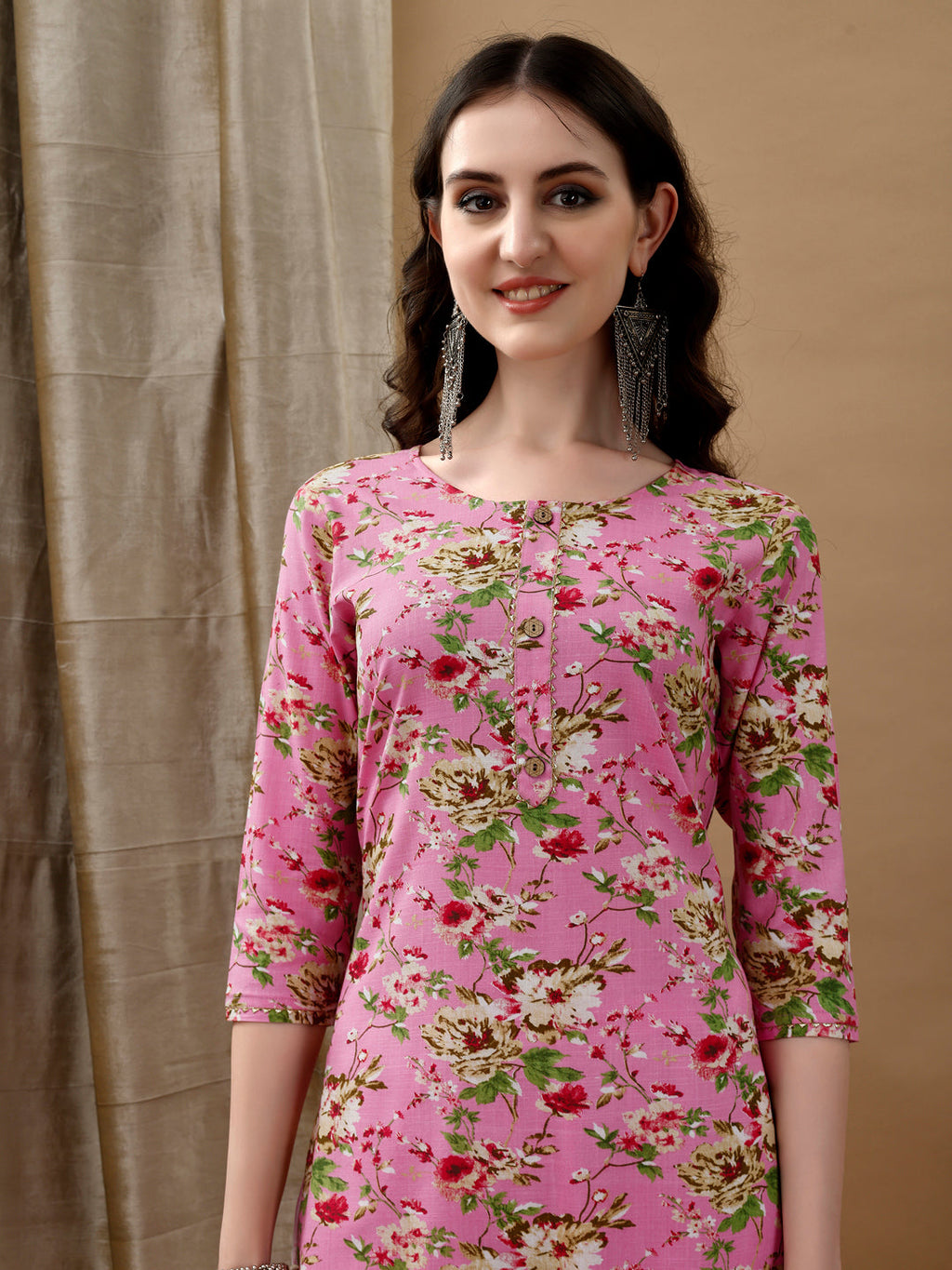 Women's Pink Floral Printed Cotton Kurta Set with Dupatta