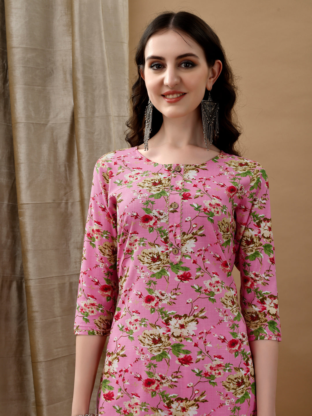 Women's Pink Floral Printed Cotton Kurta Set with Dupatta