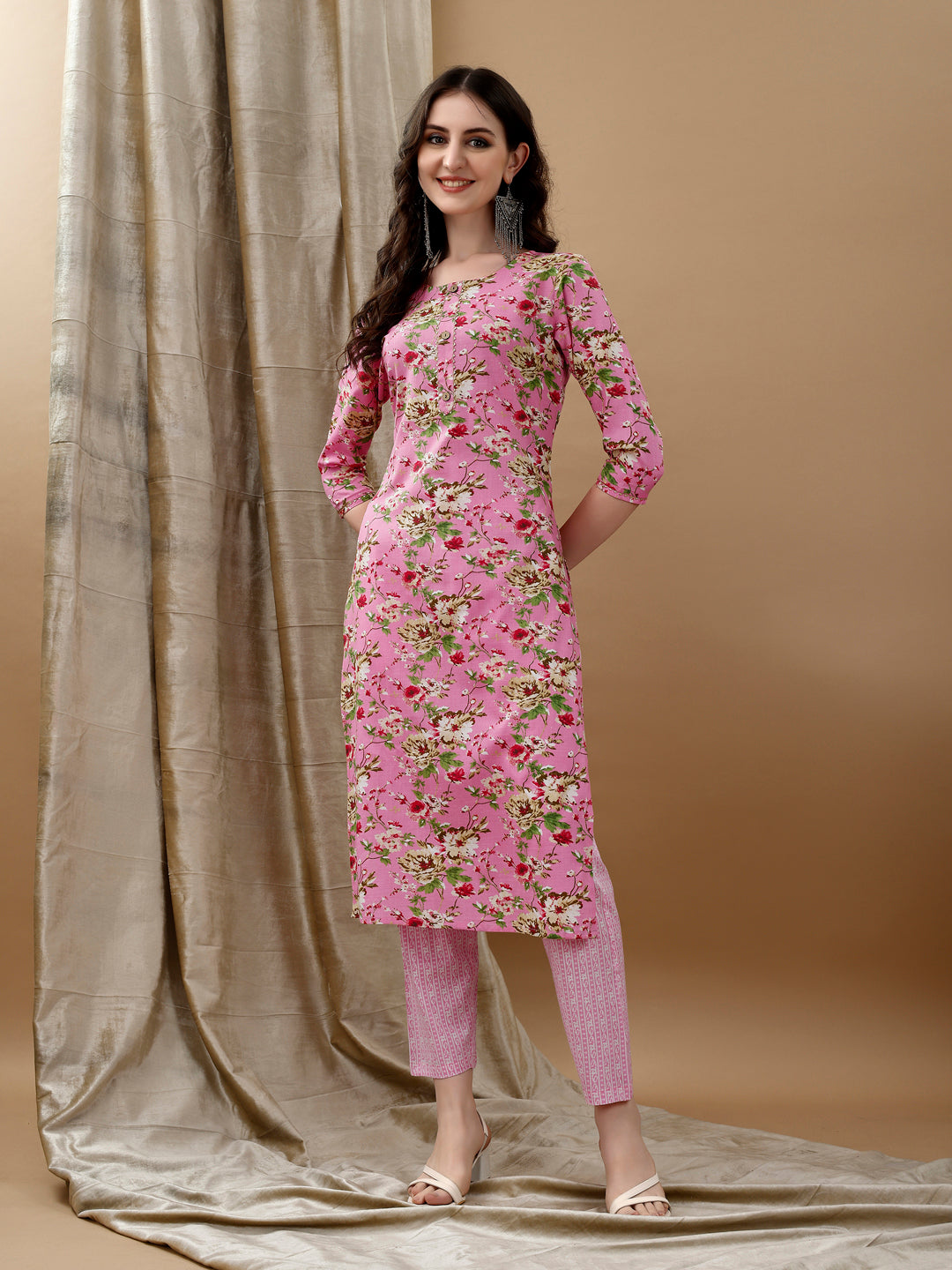 Women's Pink Floral Printed Cotton Kurta Set with Dupatta