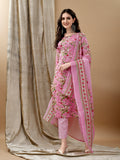 Pink cotton kurta set with floral print featuring 3/4th sleeves and matching pants and dupatta.