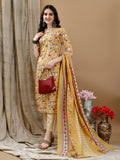 Yellow floral printed cotton kurta with matching pant and dupatta