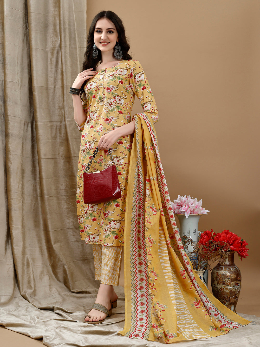 Yellow floral printed cotton kurta with matching pant and dupatta