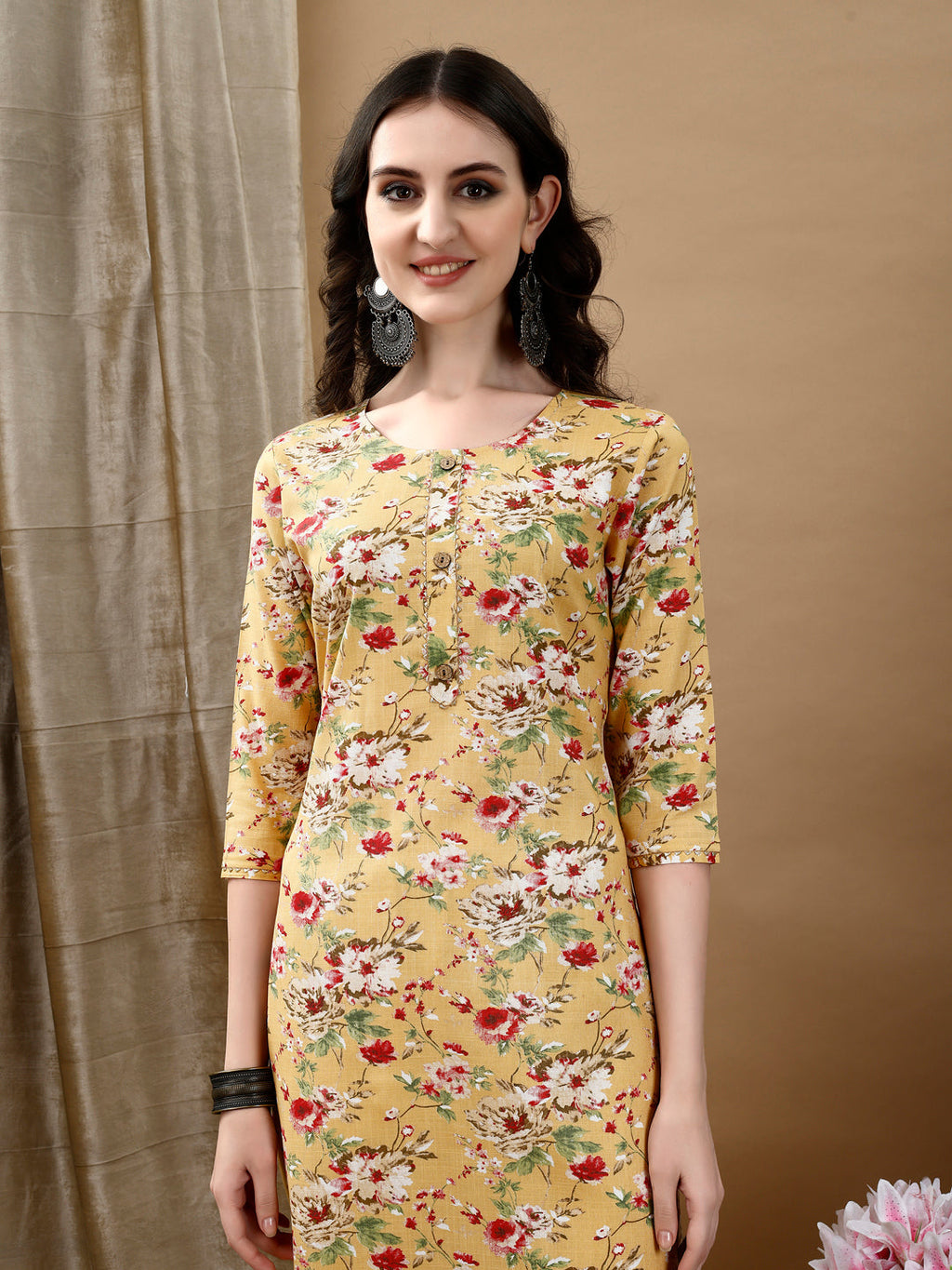 Yellow Floral Printed Cotton Kurta Set with Dupatta