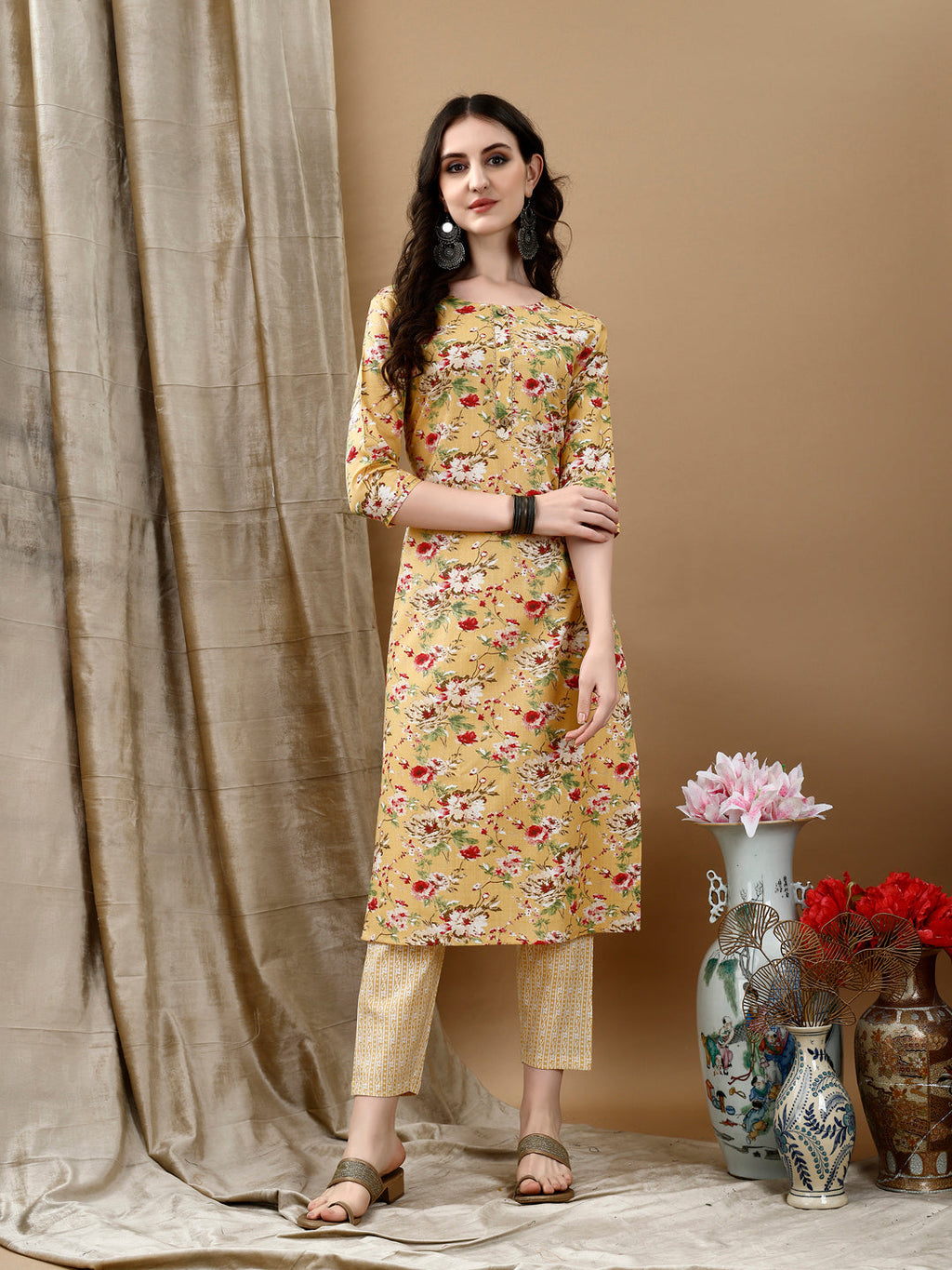 Yellow Floral Printed Cotton Kurta Set with Dupatta
